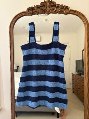HYACINTH HOUSE Crocheted Stripe Dress in Navy & Light Blue